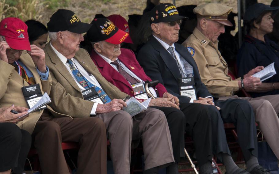 Veterans of World War II's Battle of Iwo Jima attend a ceremony marking the battle's 72nd anniversary, Saturday, March 25, 2017, on the Japanese island now known as Iwo To.