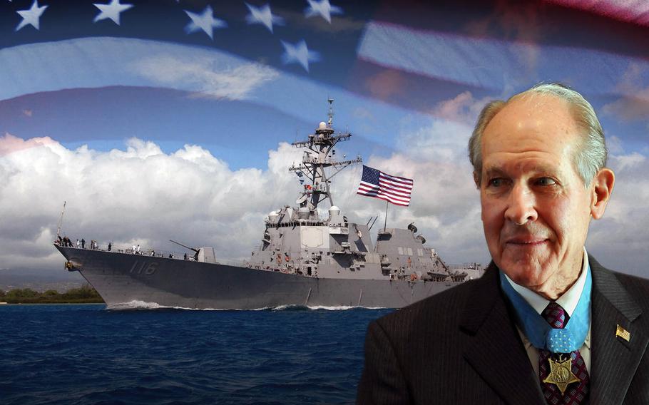 An artist's rendering of the guided-missile destroyer USS Thomas Hudner, named after a Medal of Honor recipient and retired naval aviator.