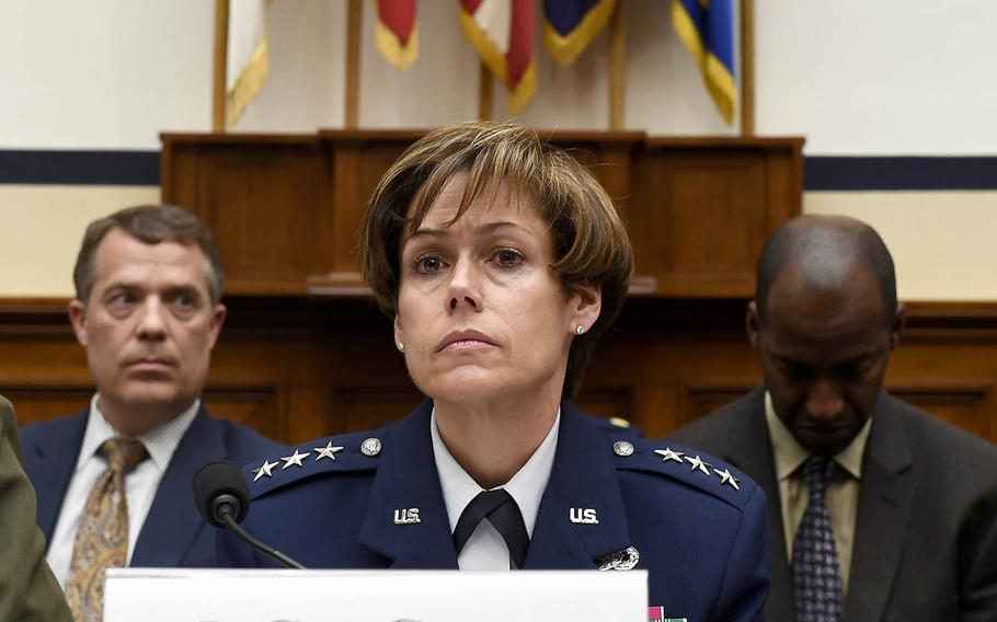 Lt. Gen. Gina Grosso, the Air Force's deputy chief of staff for personnel, testifies before the House Armed Services Committee on Social Media Policies for the Military Services, March 21, 2017, in Washington, D.C.