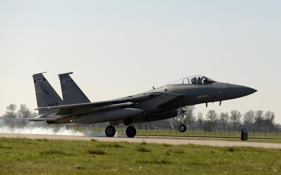 An F-15C Eagle aircraft lands at Leeuwarden Air Base, Netherlands, March 24, 2017. F-15C's from the Lousiana and Florida Air National Guard's 159th Expeditionary Fighter Squadron deployed to Europe to participate in a Theater Security Package. These F-15s will conduct training alongside NATO allies to strengthen interoperability and to demonstrate U.S. commitment to the security and stability of Europe.