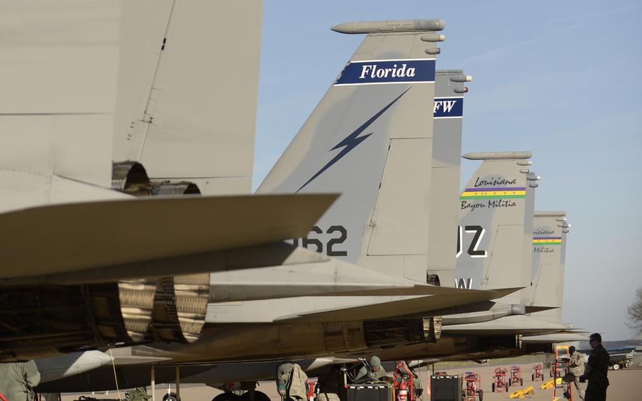 F-15C Eagles from the Lousiana and Florida Air National Guard's 159th Expeditionary Fighter Squadron deployed to Europe to participate in a Theater Security Package, March 24, 2017. These F-15s will conduct training alongside NATO allies to strengthen interoperability and to demonstrate U.S. commitment to the security and stability of Europe.