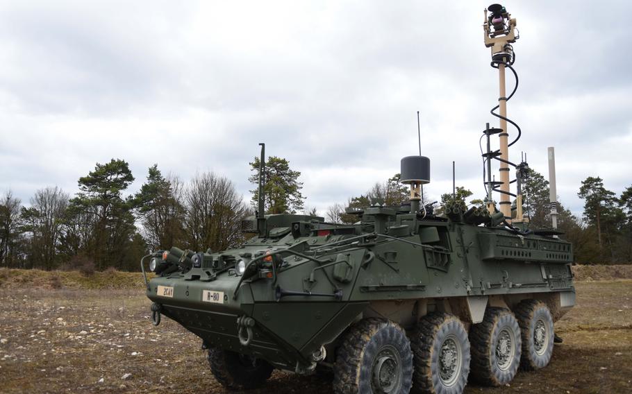 One version of the Combat Unmanned Aerial Systems Mobile Integrated Capabilities (CMIC) Stryker, still in testing, in Grafenwoehr, Germany, Tuesday, March 21, 2017.