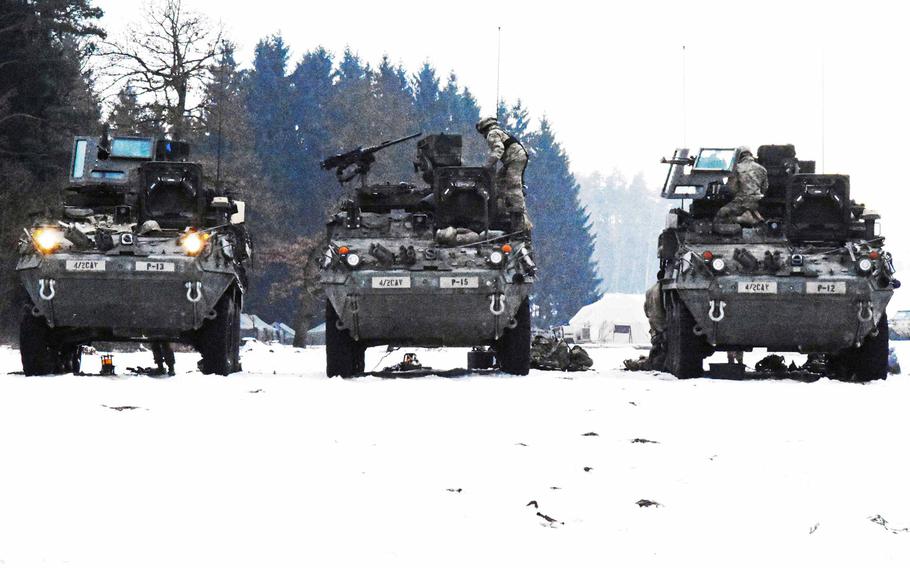 Three Infantry Carrier Vehicle Strykers currently in use by the Army's 2nd Cavalry Regiment in February 2017.
