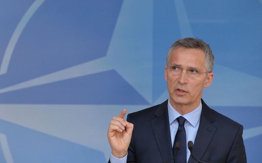 NATO Secretary-General Jens Stoltenberg talks to the media ahead of the meetings of NATO Foreign Ministers in Brussels, Belgium, Friday, March 31, 2017.