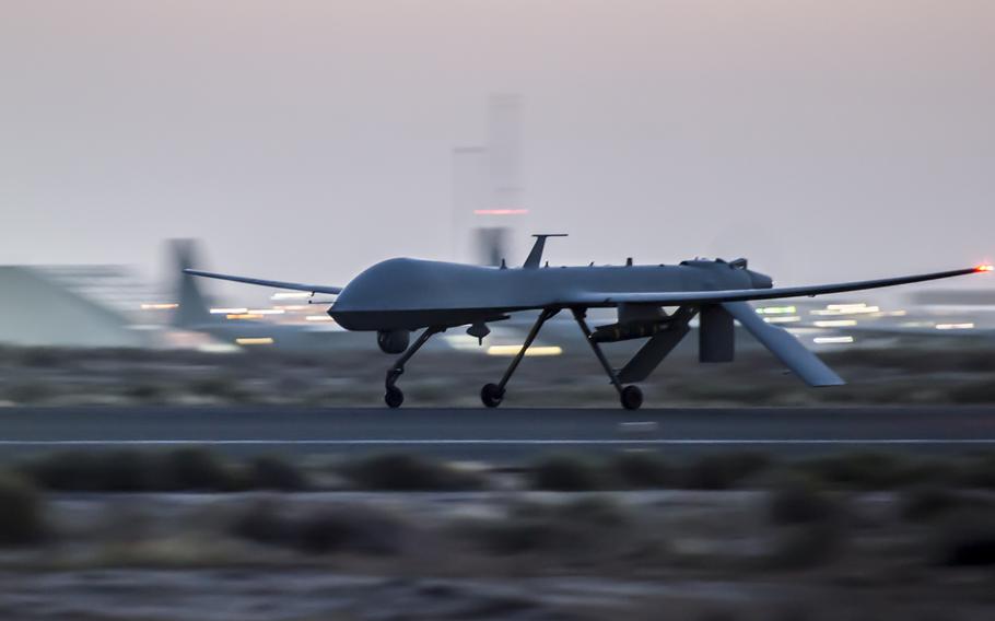 An MQ-1B Predator remotely piloted aircraft takes off from an undisclosed location in Southwest Asia to support coalition operations against the Islamic State in Iraq and Syria, March 21 , 2017.