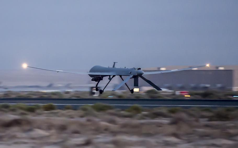 An MQ-1B Predator remotely piloted aircraft takes off from an undisclosed location in Southwest Asia to support coalition operations against the Islamic State in Iraq and Syria, March 21 , 2017.