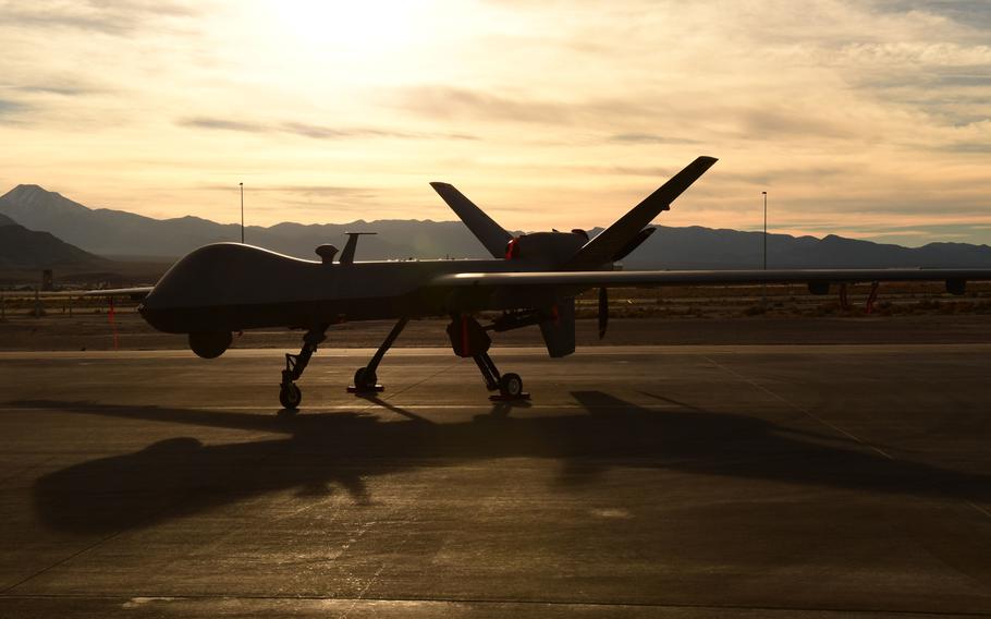 A U.S. Air Force MQ-9 Reaper awaits maintenance, Dec. 8, 2016, at Creech Air Force Base, Nev. Reapers and MQ-1B Predators play an integral role in both reconnaissance and attack capability against the Islamic State in Iraq and Syria.