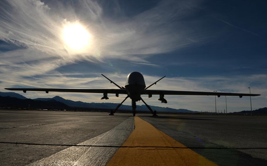 An MQ-9 Reaper remotely piloted aircraft awaits maintenance on the flightline, Feb. 1, 2017, at Creech Air Force Base, Nev.