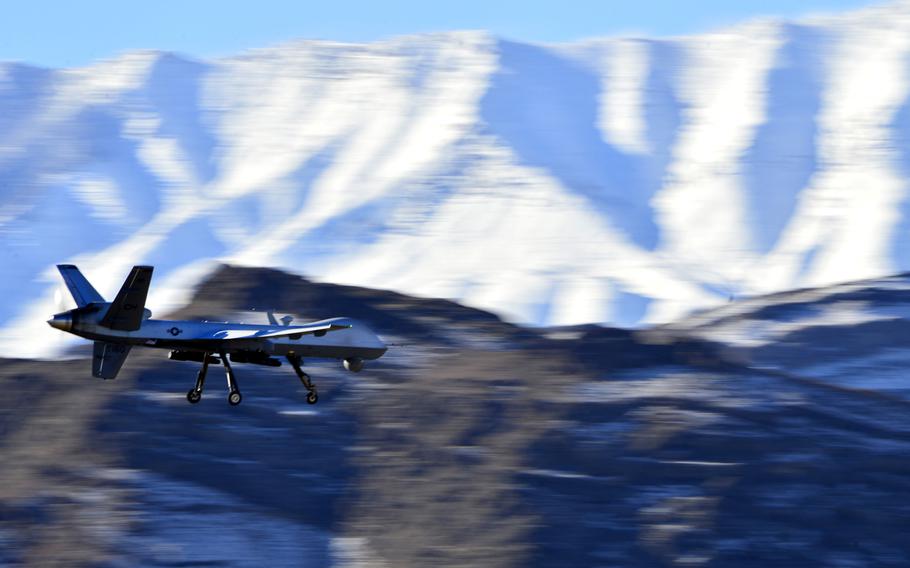 An MQ-9 Reaper flies during a training mission on Jan. 28, 2016, at Creech Air Force Base, Nev. The MQ-9 and the MQ-1B Predator are used throughout Middle East operations to conduct airstrikes and reconnaissance.