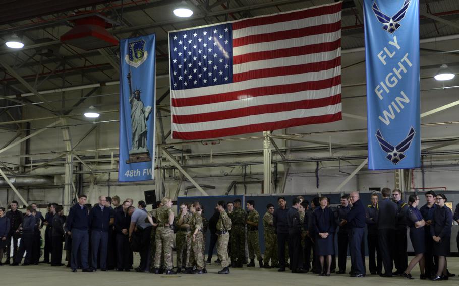 Royal Air Force Air Cadets from all over England await a tour of U.S. Air Force operations and equipment at RAF Lakenheath, England, Friday, April 7, 2017. The RAF Air Cadets, the service's youth organization, numbers more than 50,000 members