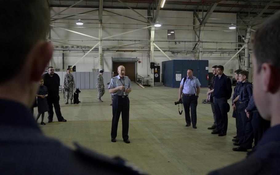 Mildenhall?s British station commander, Squadron Leader Richard Fryer, speaks to more than 150 Air Cadets from all over England before a demonstration of U.S. Air Force operations and equipment at RAF Lakenheath, England, Friday, April 7, 2017.