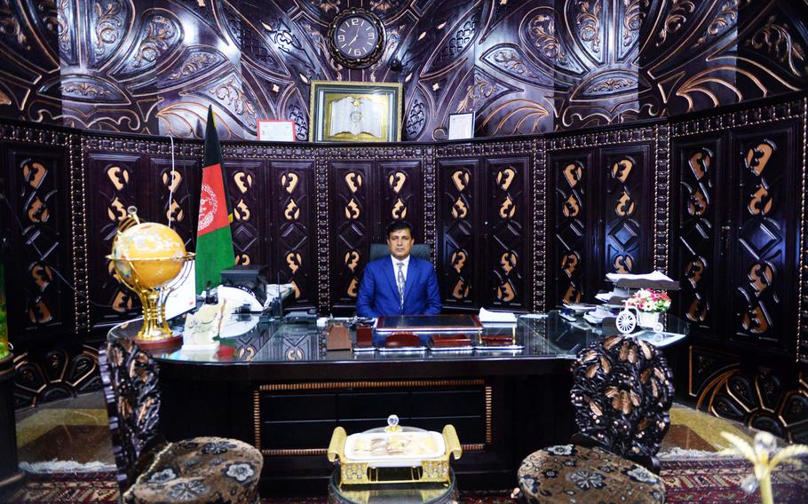 Moula Mohammad Paiman, who heads the Kabul Wedding Halls Union, sits in the office of the City Star Hall, which he co-owns, on Tuesday, April 18, 2017.