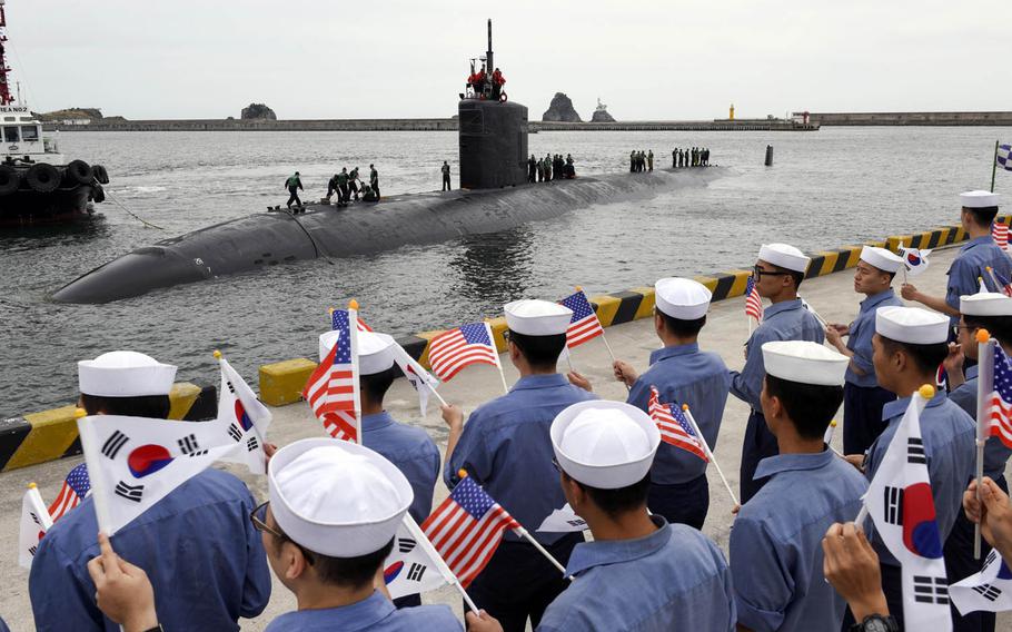 The Los Angeles-class attack submarine USS Cheyenne arrives in Busan, South Korea, Tuesday, June 6, 2017.