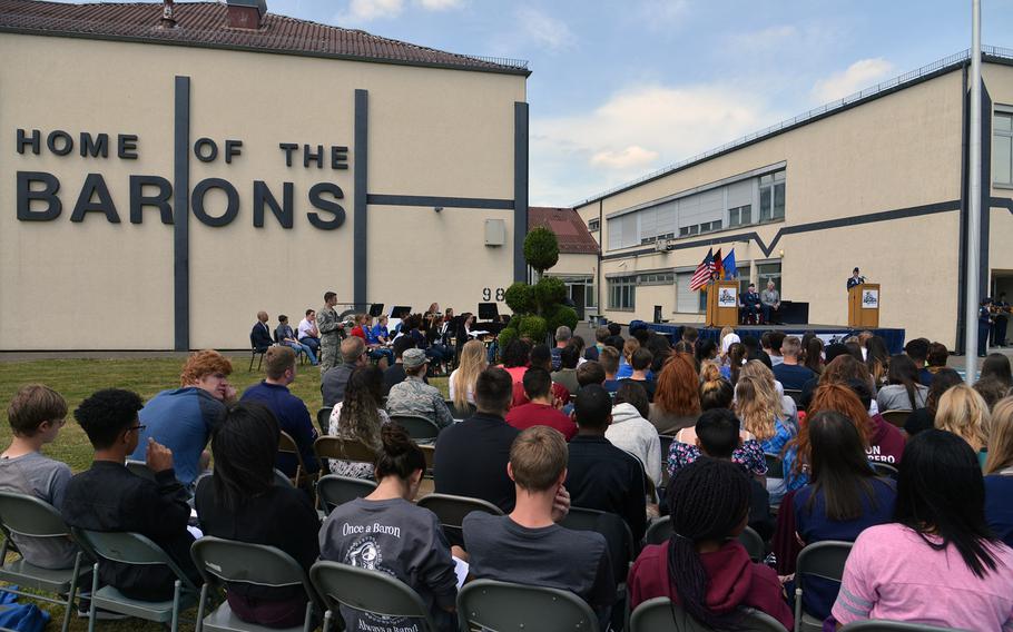 Bitburg American High School principal Jennifer Remoy speaks at the school's closing ceremony, Thursday, June 8, 2017. 