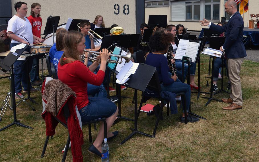 The Bitburg High School band plays the German and American national anthems at the high school's closing ceremony, Thursday, June 8, 2017. The school is closing after 60 years. The students will go to the newly established Spangdahlem High School next school year.