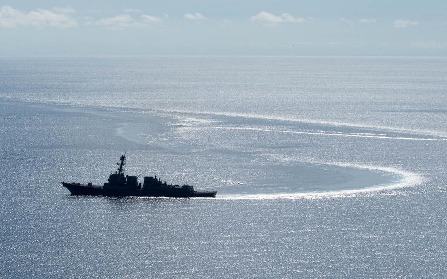 The guided-missile destroyer USS Dewey transits the South China Sea in May.