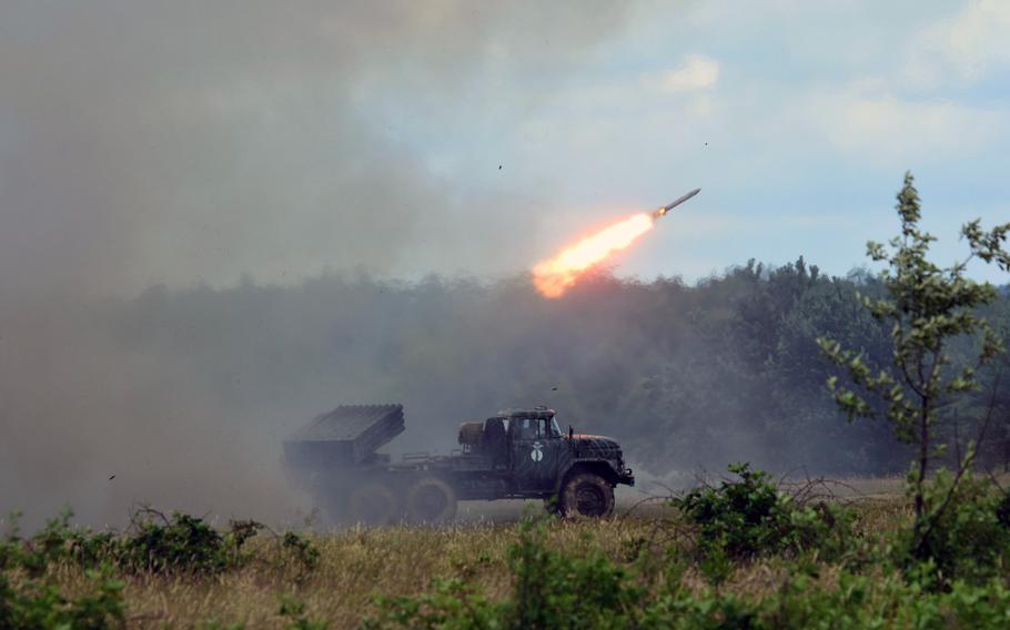 A Ukrainian BM-21 Grad Multiple Rocket Launcher fires a rocket during a training exercise with the Joint Multinational Training Group-Ukraine, in Yavoriv, Ukraine, June 30, 2017. 