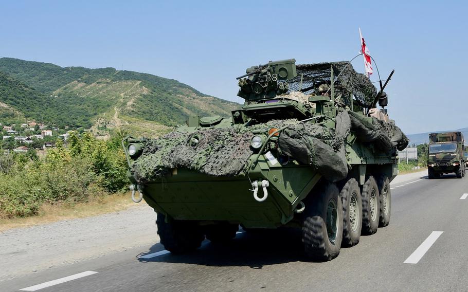 A Stryker of the U.S. 2nd Cavalry Regiment moves to Vaziani Military Base, Georgia, for Noble Partner 17. During the exercise, U.S. soldiers are training Georgian infantrymen on how to more effectively defend their borders.