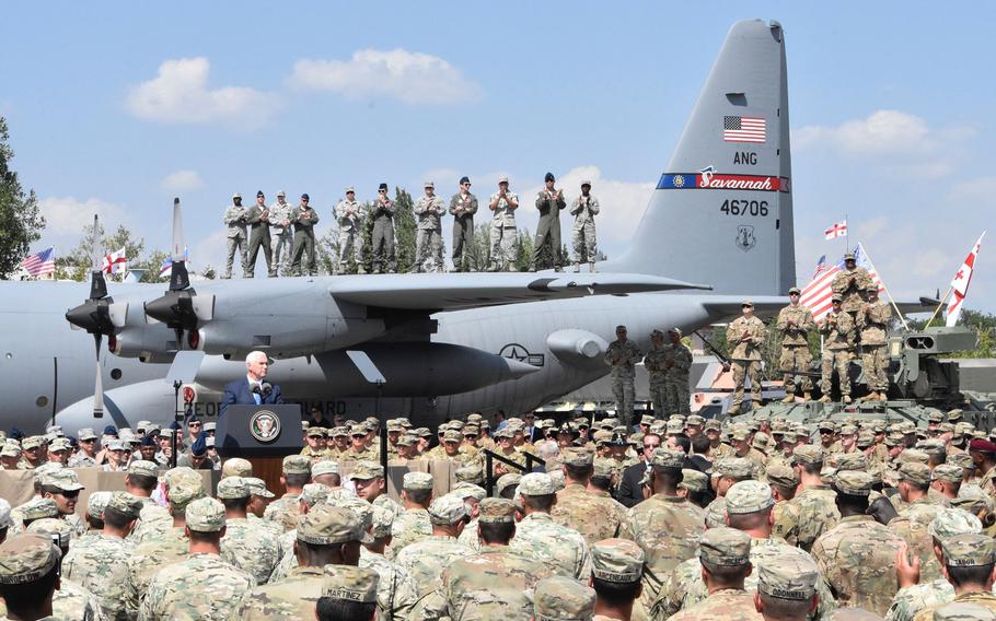 Vice President Mike Pence visited American and Georgian military leaders and soldiers during a visit to the Georgian capital of Tbilisi, Tuesday, Aug. 1, 2017. The U.S.  soldiers are in Georgia for Noble Partner 2017, a U.S. Army Europe-led exercise hosted at Vaziani and Camp Norio training areas in Georgia.