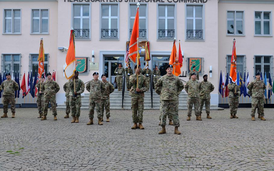 Soldiers of the 5th Signal Command stand in formation during the unit's inactivation ceremony at Clay Kaserne in Wiesbaden, Germany, Friday, Aug. 4, 2017.