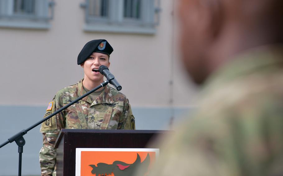 Staff Sgt. Ashley Sangret sang the German and American national anthems at the 5th Signal Command's inactivation ceremony at Clay Kaserne in Wiesbaden, Germany, Friday, Aug. 4, 2017.