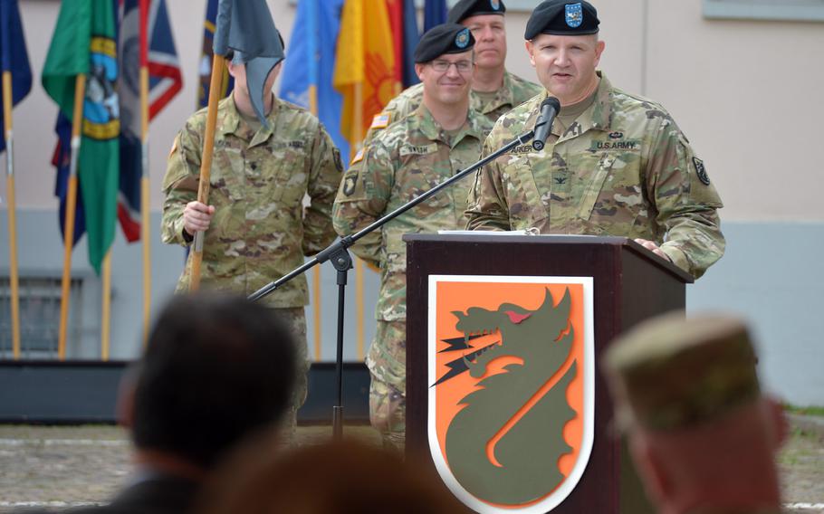 Col. Rob Parker, the last commander of 5th Signal Command, speaks at the unit's inactivation ceremony at Clay Kaserne in Wiesbaden, Germany, Friday, Aug. 4, 2017.