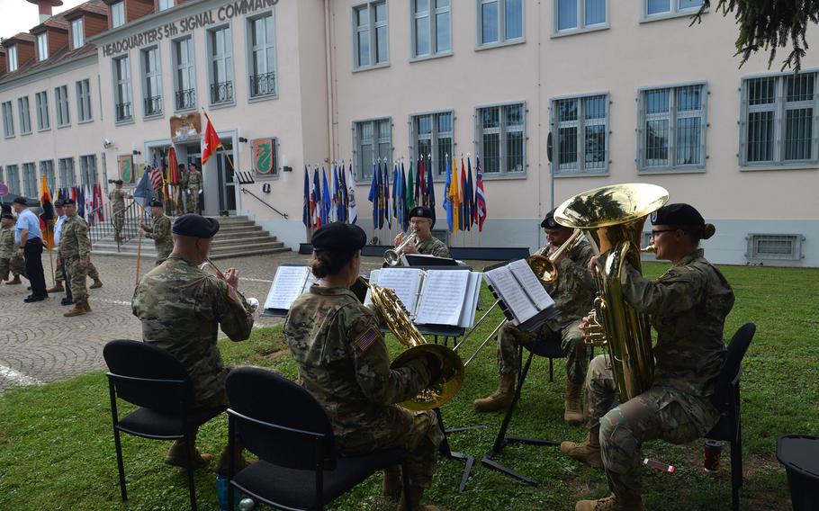The U.S. Army Europe Band and Choir's brass quintet plays at the 5th Signal Command's inactivation ceremony at Clay Kaserne in Wiesbaden, Germany, Friday, Aug. 4, 2017.
