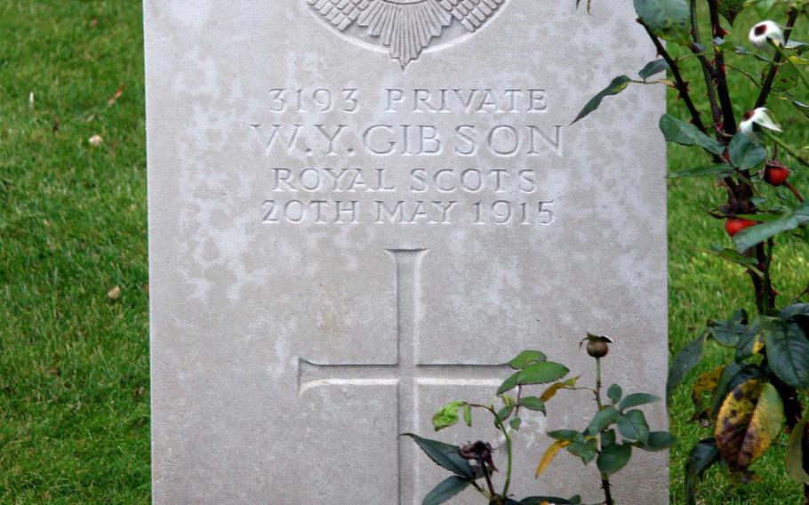 The headstone for British army Pvt. Walter Young Gibson, which Gibson's great-nephew, U.S. Army Lt. Col. Robert Gunther, visited 102 years after Gibson fell at the second battle of Ypres in Belgium. Gunther believes he is the first family member to pay homage at the site since Gibson's death.