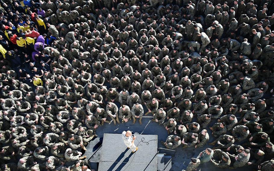 Marine Corps Commandant Gen. Robert B. Neller addresses sailors and marines assigned to the 31st Marine Expeditionary Unit and Bonhomme Richard Expeditionary Strike Group during an all-hands call aboard the amphibious assault ship USS Bonhomme Richard, Tuesday, Aug. 8, 2017, in the Coral Sea.