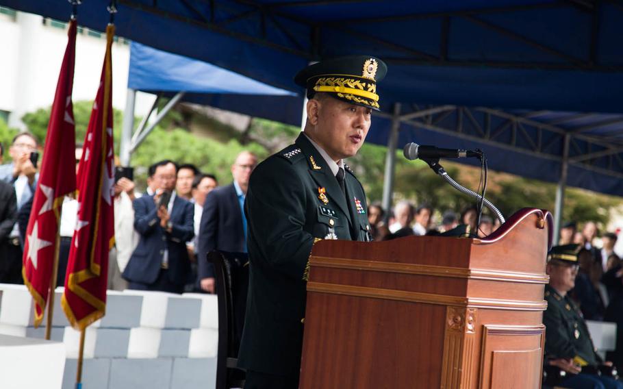 Gen. Kim Byeong-joo, incoming deputy commander of Combined Forces Commad, addresses his troops for the first time during a ceremony at Yongsan Garrison, South Korea, Friday, Aug. 11, 2017.