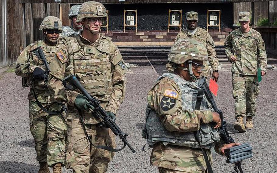 Soldiers assigned to Alpha Battery, 5th Battalion, 7th Air Defense Artillery train on the M4 carbine in Baumholder, Germany on August 2, 2017. The Army is asking for bids on a next-generation weapon that could supplant the M4 and multiple other infantry weapons.