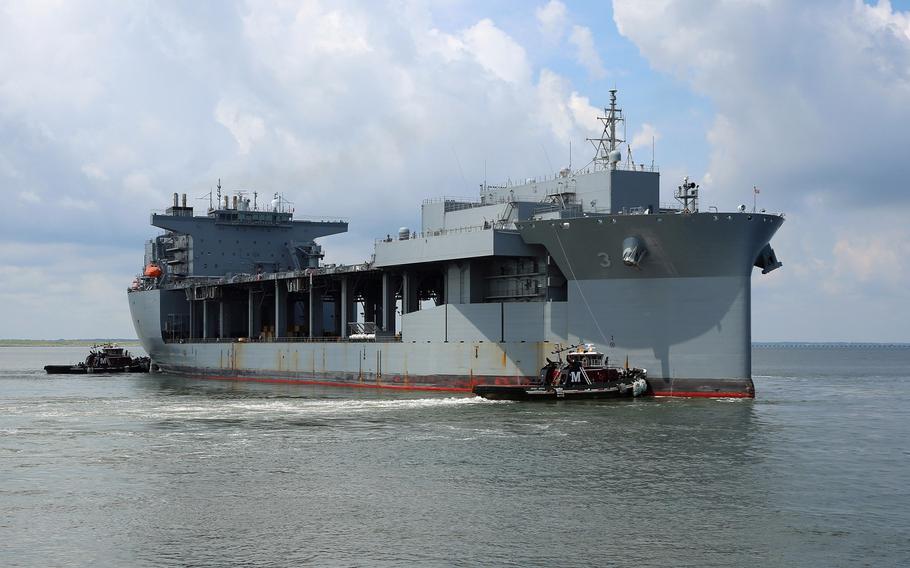 The expeditionary mobile base USNS Lewis B. Puller gets underway from Naval Station Norfolk, Va., to begin its first operational deployment, July 10, 2017. Puller is deploying to the U.S. 5th Fleet's area of operation.