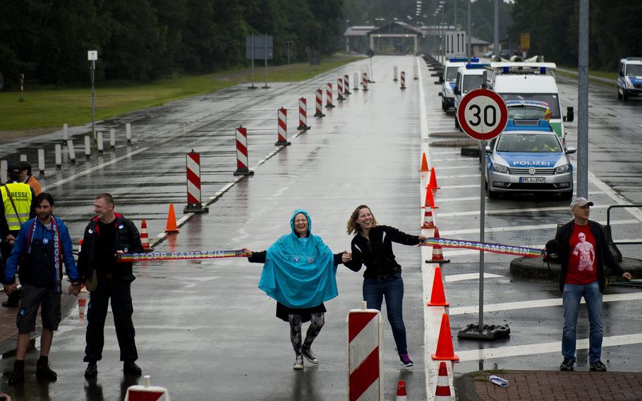 Protesters block traffic going to Ramstein Air Base, Germany, on June 11, 2016. The organization Stopp Air  Base Ramstein, which aims to halt alleged drone operations at the base, plans to protest hold a protest in September.