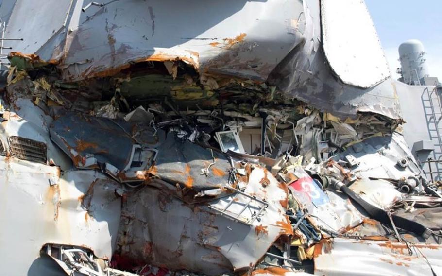 This screenshot of a photo taken from a Navy report shows the USS Fitzgerald's commmanding officer's stateroom after the June 17, 2017, collision near Japan.