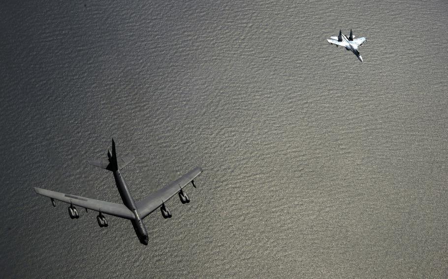 A Russian Su-27 Flanker intercepts a U.S. Air Force B-52H in the middle of the NATO-run BALTOPS exercise over the Baltic Sea, June 9, 2017. Tens of thousands of troops will be on the move next month as Russian and Western forces launch some of their largest drills in years.