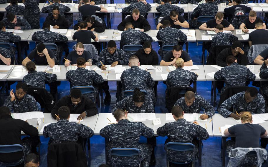 Sailors from Naval Support Activity Bethesda, Walter Reed National Military Medical Center and various commands aboard NSAB take the Navy-wide E-4 advancement exam in Bethesda, Md., March 16, 2017.