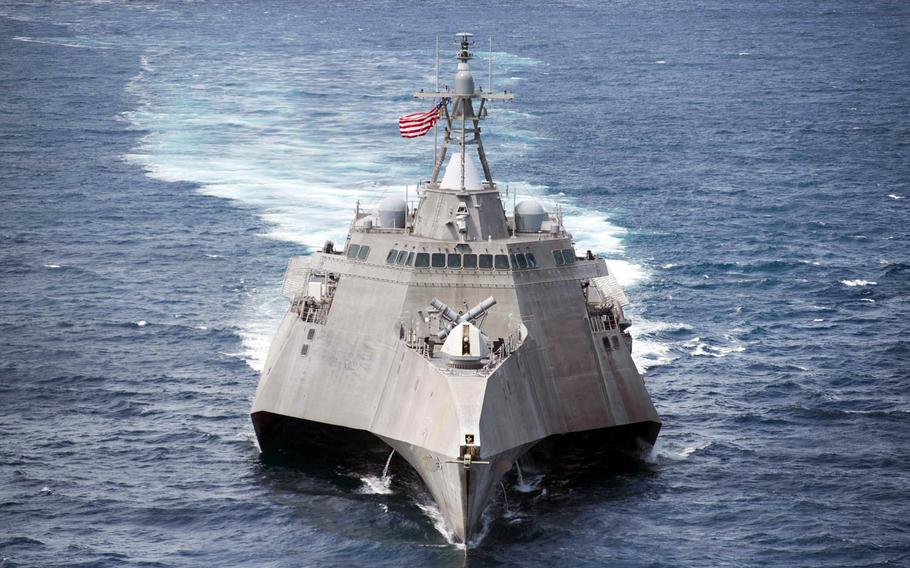 The littoral combat ship USS Coronado steams ahead during an exercise near Thailand, June 3, 2017.