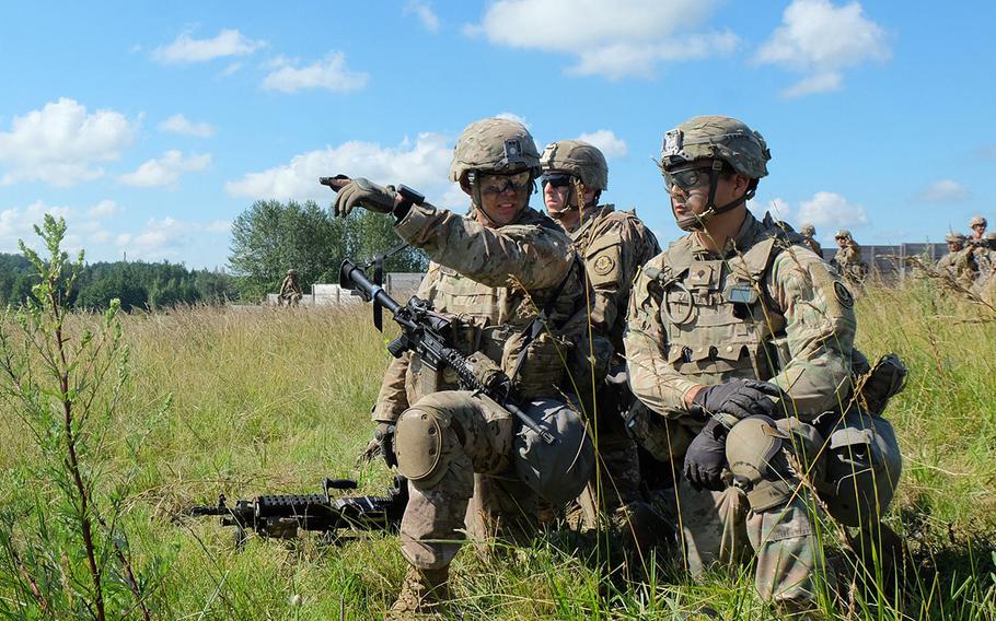 Battle Group Poland U.S. Soldiers locate their sector of fire for their weapons as part of the Bull Run training exercise near Suwalki, Poland, July 16. The U.S.-led Battle Group Poland is one of NATO's four multinational battle groups deployed as a deterrence force in the eastern part of the alliance.