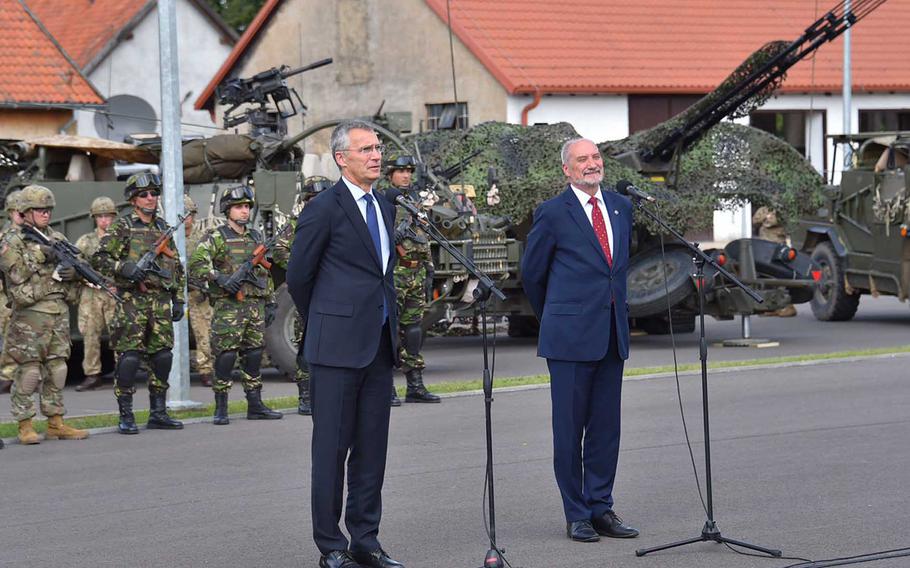 NATO Secretary General Jens Stoltenberg and the Minister of Defense of Poland, Antoni Macierewicz hold a joint press conference in Poland, Friday, Aug. 25, 2017.