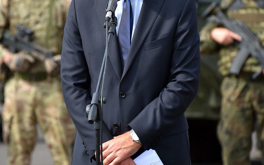 NATO Secretary General Jens Stoltenberg talks to the media during a  joint press conference with the Minister of Defense of Poland's minister of defense Antoni Macierewicz in Poland, Friday, Aug. 25, 2017.