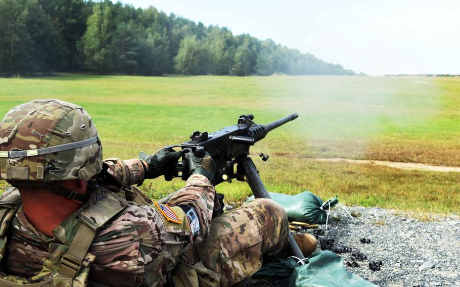 Lt. Christopher Finseth, a soldier with U.S. Army Africa, fires a 50-caliber machine gun during the U.S. Army Europe Best Warrior Challenge, Aug. 22, 2017, at Grafenwoehr, Germany. 

Martin Egnash/Stars and Stripes