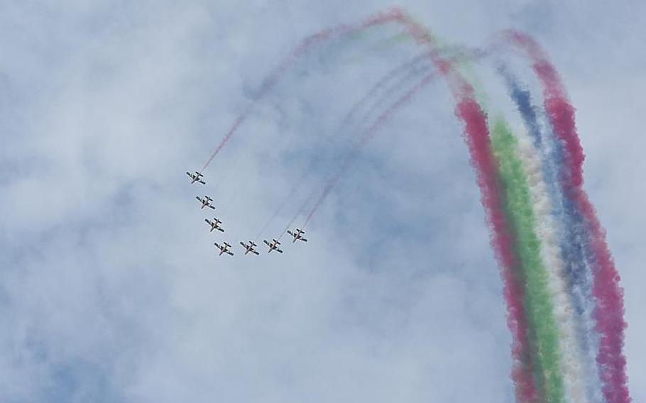 A steady parade of aircraft took to the sky throughout the day Saturday, Aug. 26, 2017, at the Slovak International Air Fest in Sliac, Slovakia, including the United Arab Emirates' demonstration team Al Fursan, which put on a colorful show.