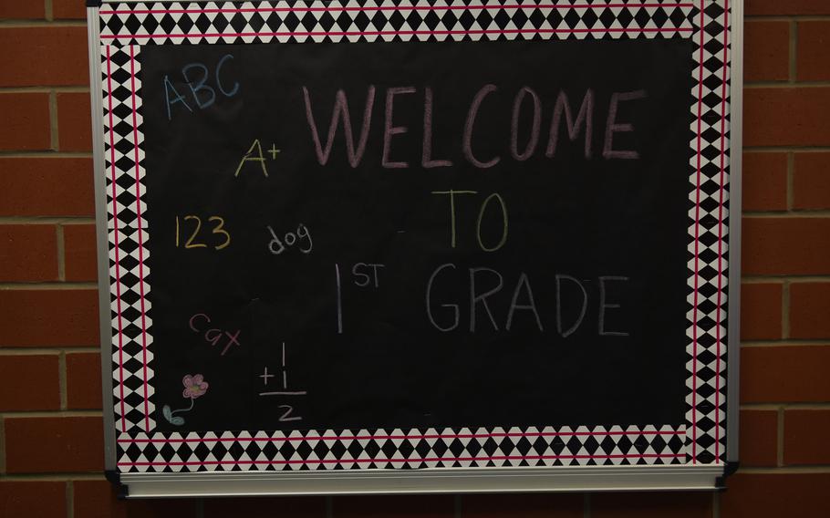 A sign in the hallway at Ramstein Elementary School in Germany welcomes first-graders back to school on Monday, Aug. 28, 2017.