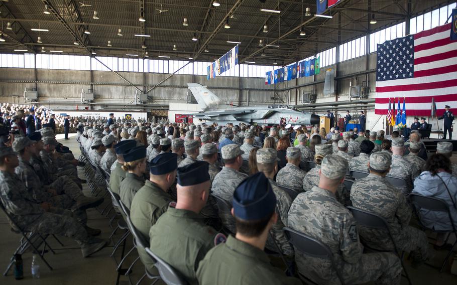 A crowd listens to Lt. Gen. Richard Clark, 3rd Air Force commander, speak during the 52nd Fighter Wing's change-of-command ceremony at Spangdahlem Air Base, Germany on Tuesday, Aug. 29, 2017.