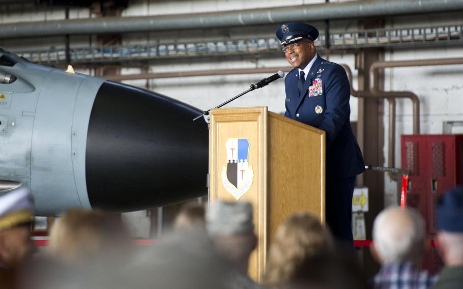 Lt. Gen. Richard Clark, 3rd Air Force commander, speaks during the 52nd Fighter Wing's change-of-command ceremony at Spangdahlem Air Base, Germany on Tuesday, Aug. 29, 2017.