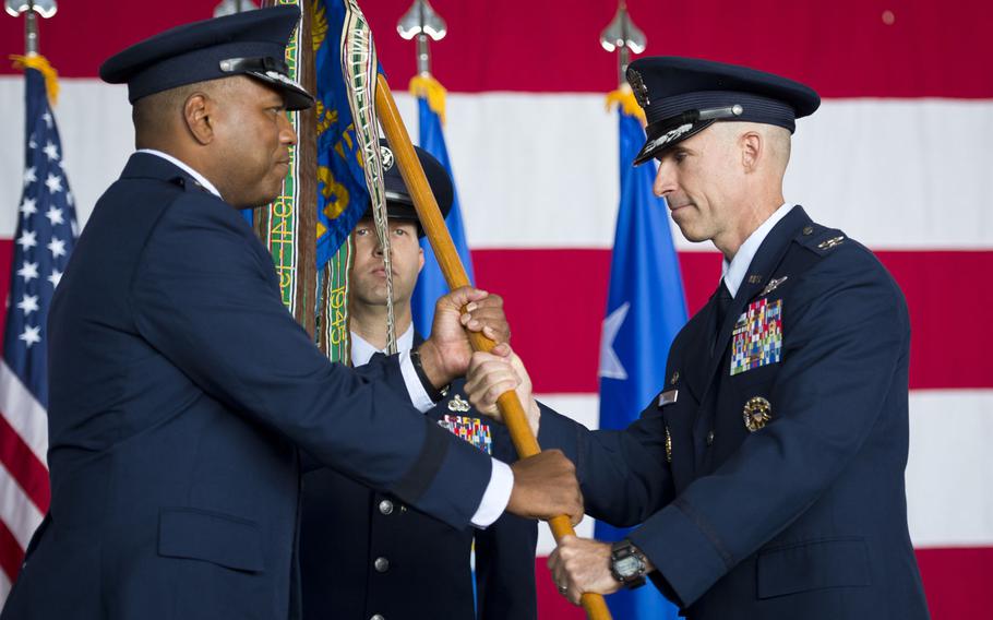 Col. Jason Bailey, 52nd Fighter Wing commander, assumes command during the wing's change-of-command ceremony at Spangdahlem Air Base, Germany on Tuesday, Aug. 29, 2017.