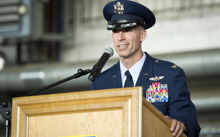 Col. Jason Bailey, 52nd Fighter Wing commander, speaks during the wing's change-of-command ceremony at Spangdahlem Air Base, Germany on Tuesday, Aug. 29, 2017.