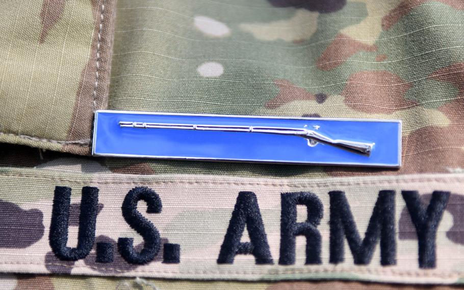 An Expert Infantry Badge, worn by one of the graders of the EIB certification at Hohenfels, Germany,  on Wednesday, Aug. 30, 2017.