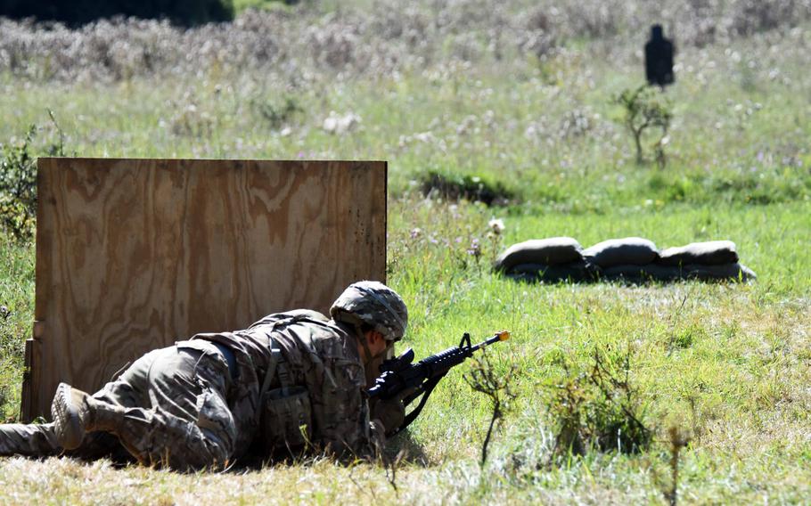 Sgt. Octavio Najera gets into position to engage a target during Expert Infantry Badge certification at Hohenfels, Germany,  on Wednesday, Aug. 30, 2017.