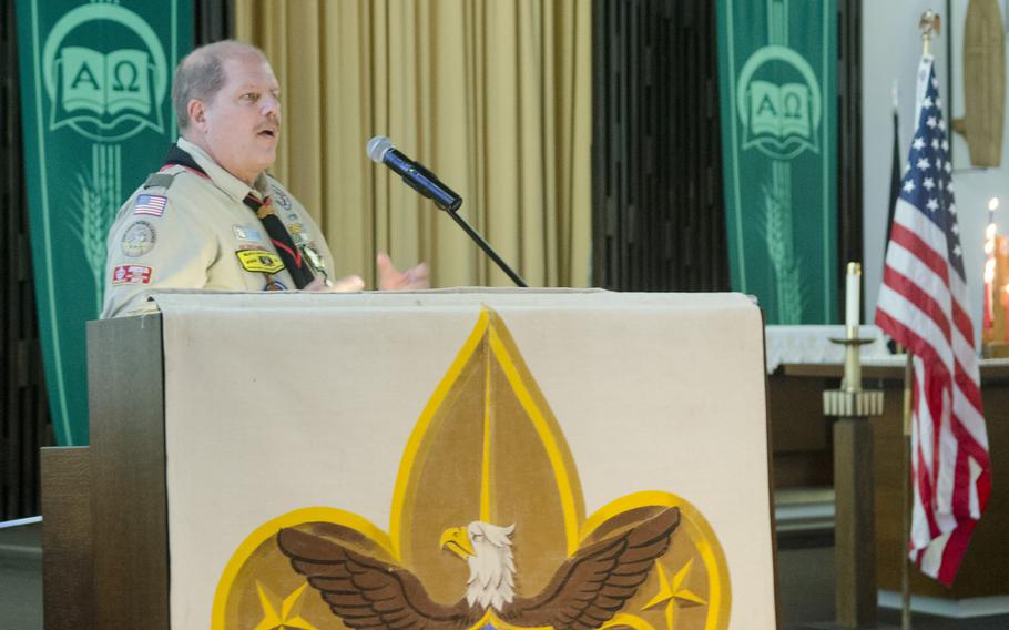 Jeff Stone, who served as scoutmaster for Wiesbaden Boy Scout Troop 107 from 2003 to June 2017, speaks at a special 60th-anniversary meeting of the troop in Wiesbaden, Monday, Sept. 18, 2017.